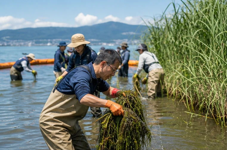 湖岸で外来水生植物を除去する活動