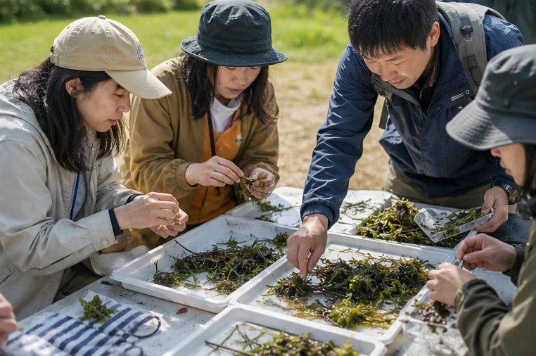 採集した水生植物を観察する参加者